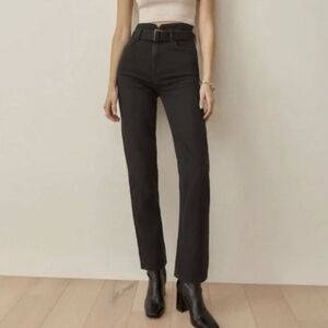 Reformation Cynthia High Rise Belted Black Straight Leg Jeans 25